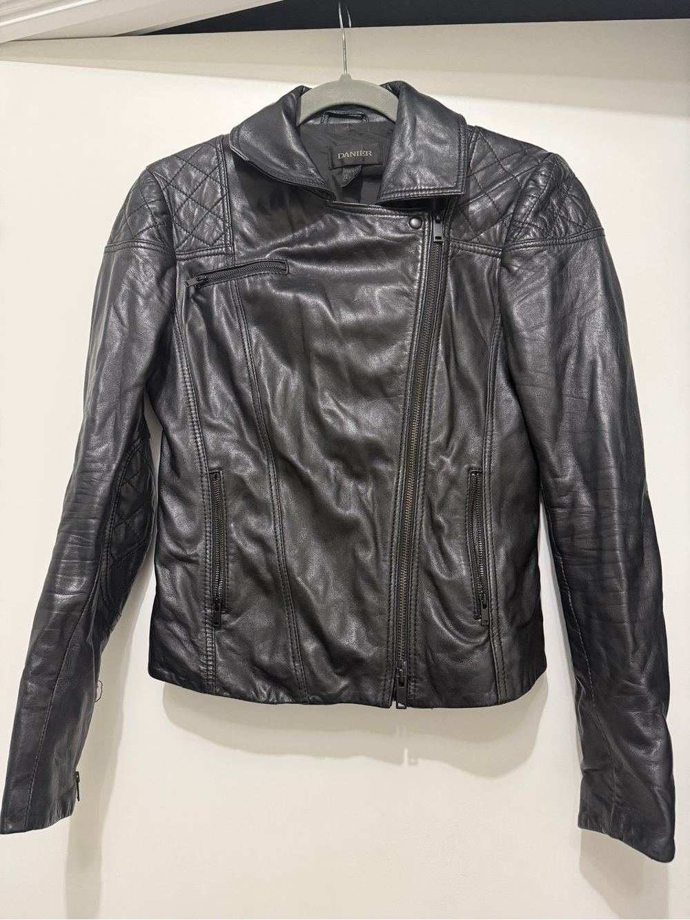 Danier Black Quilted Shoulder Leather Biker Jacket